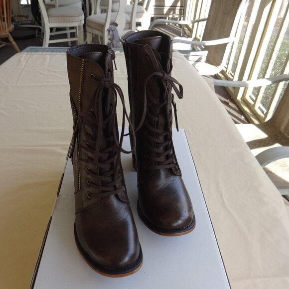 Pierre Dumas Ravenna, women's 8M  two tone brown lace up zip up boots, 2" heels - Picture 8 of 16